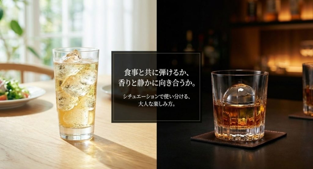 ジャックダニエルのハイボールとロックやストレートの比較を示す画像。