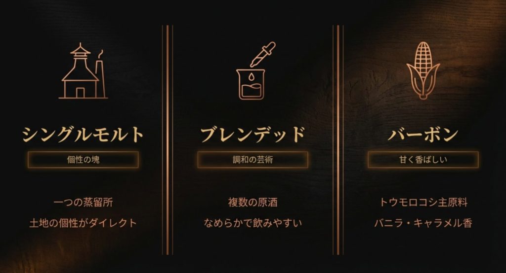 シングルモルトとバーボンとブレンデッドの違いと特徴を示す画像