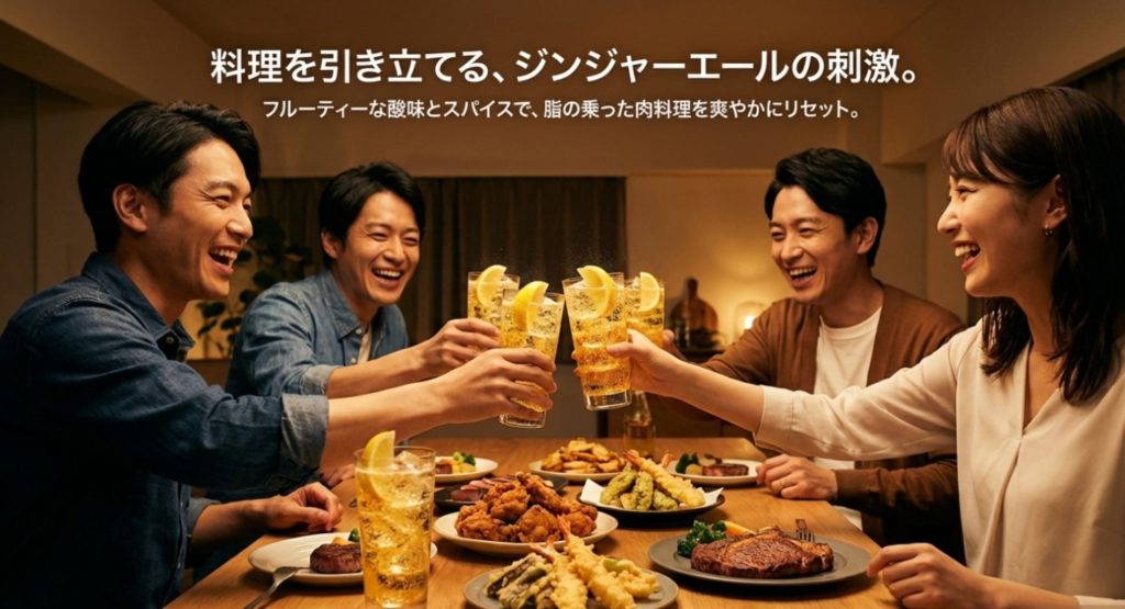 食事と相性抜群なジャックダニエルのジンジャー割りを示す画像。