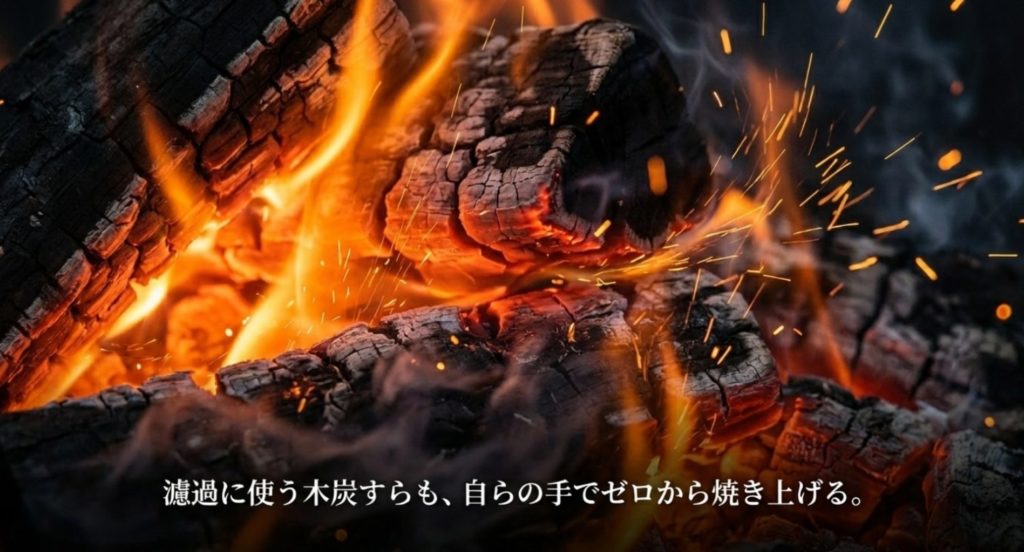 サトウカエデの木炭を作る膨大な手間とコストを示す画像。