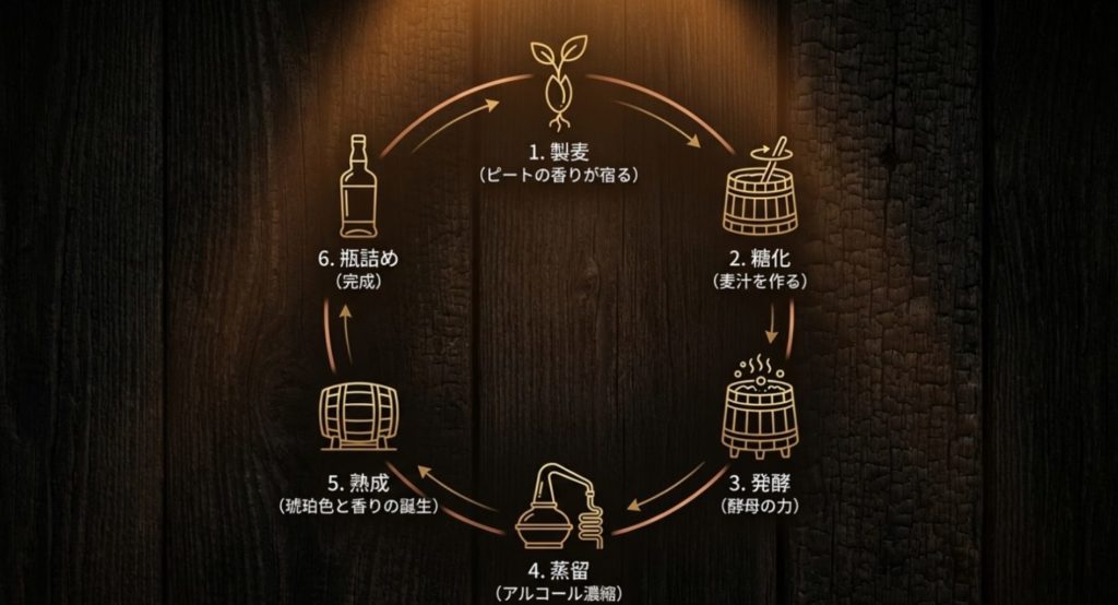 ウイスキーができるまでの6ステップを示す画像