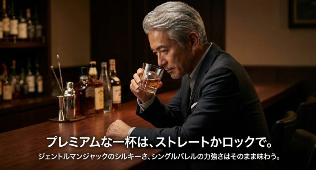ジェントルマンジャックやシングルバレルの最適な飲み方を示す画像。