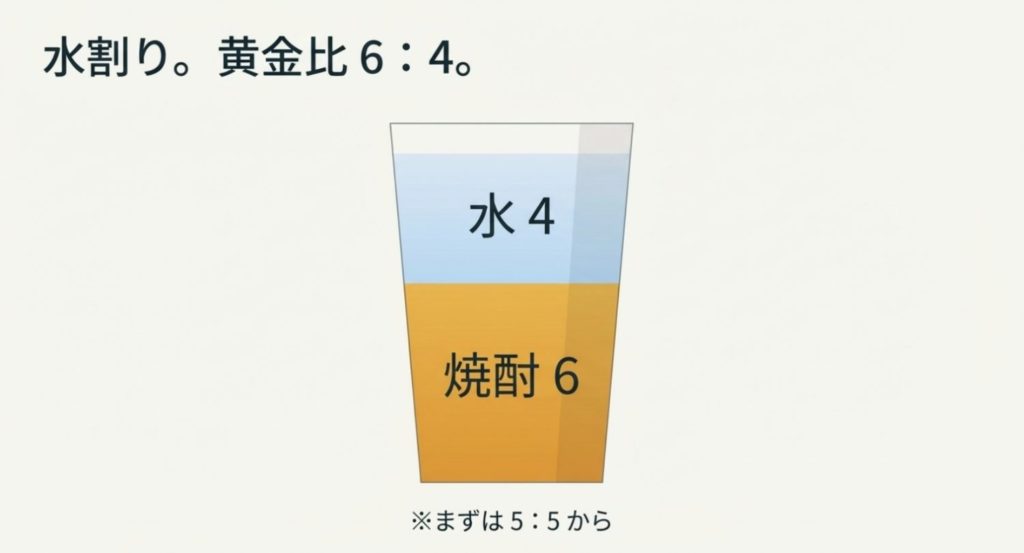 焼酎の水割りにおすすめな銘柄のタイプと配合比率を示す画像