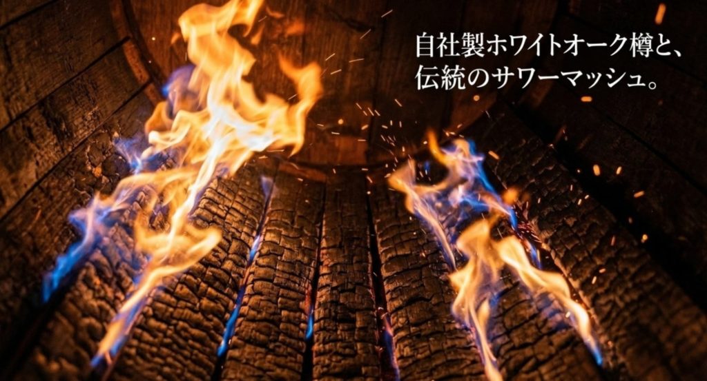 熟成に使用する自社製ホワイトオーク樽の役割を示す画像。