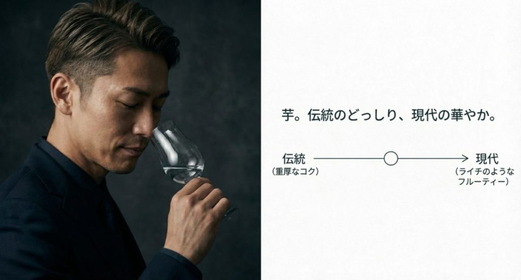 芋焼酎の選び方で知っておきたい香りと甘みの傾向を示す画像