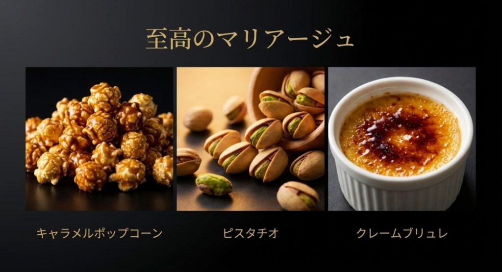 チョコやナッツなど相性抜群のおつまみペアリングを示す画像