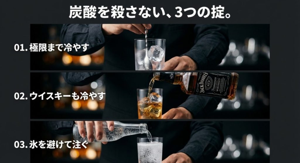 失敗しない作り方のコツはグラスの冷却と炭酸の注ぎ方を示す画像。